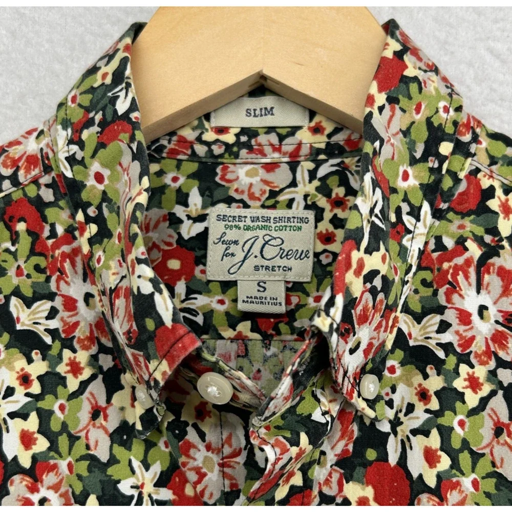 J.CREW Shirt Mens S Slim Stretch Secret Wash Floral Organic Cotton Green